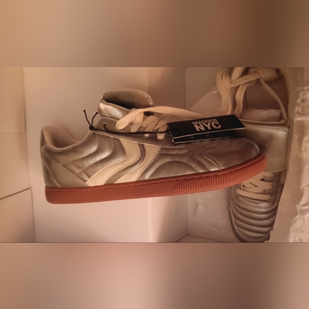 Madden NYC. Women's Silver Sneakers with Brown Sole